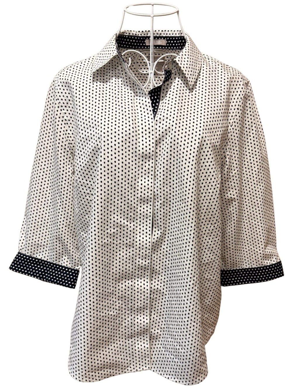 Chico's Blouse Button Down Shirt Polka Dot White Black 3/4 Sleeve 1 US 8/10